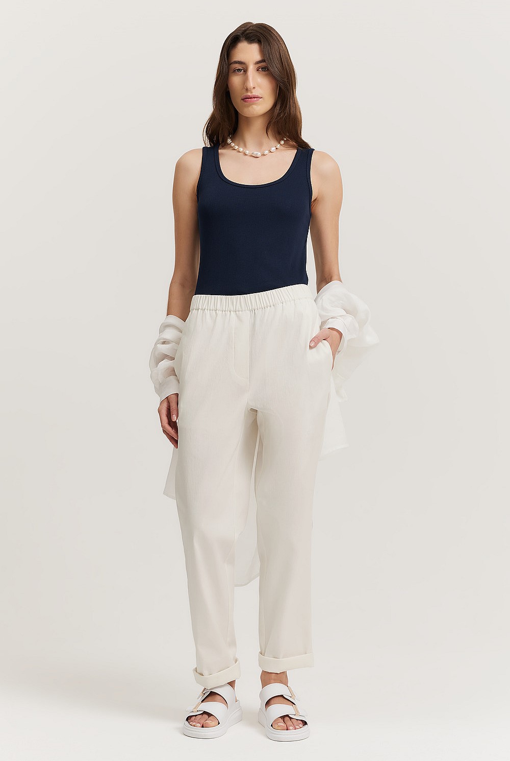 Organically Grown Cotton Blend Pull-On Tapered Pintuck Pant