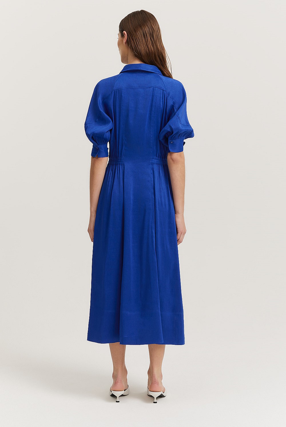 Organically Grown Linen Blend Fluid Cinched Shirt Dress