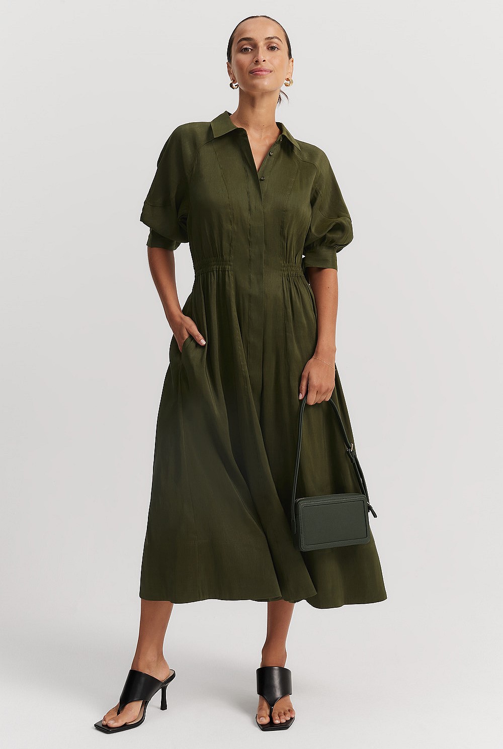 Organically Grown Linen Blend Fluid Cinched Shirt Dress