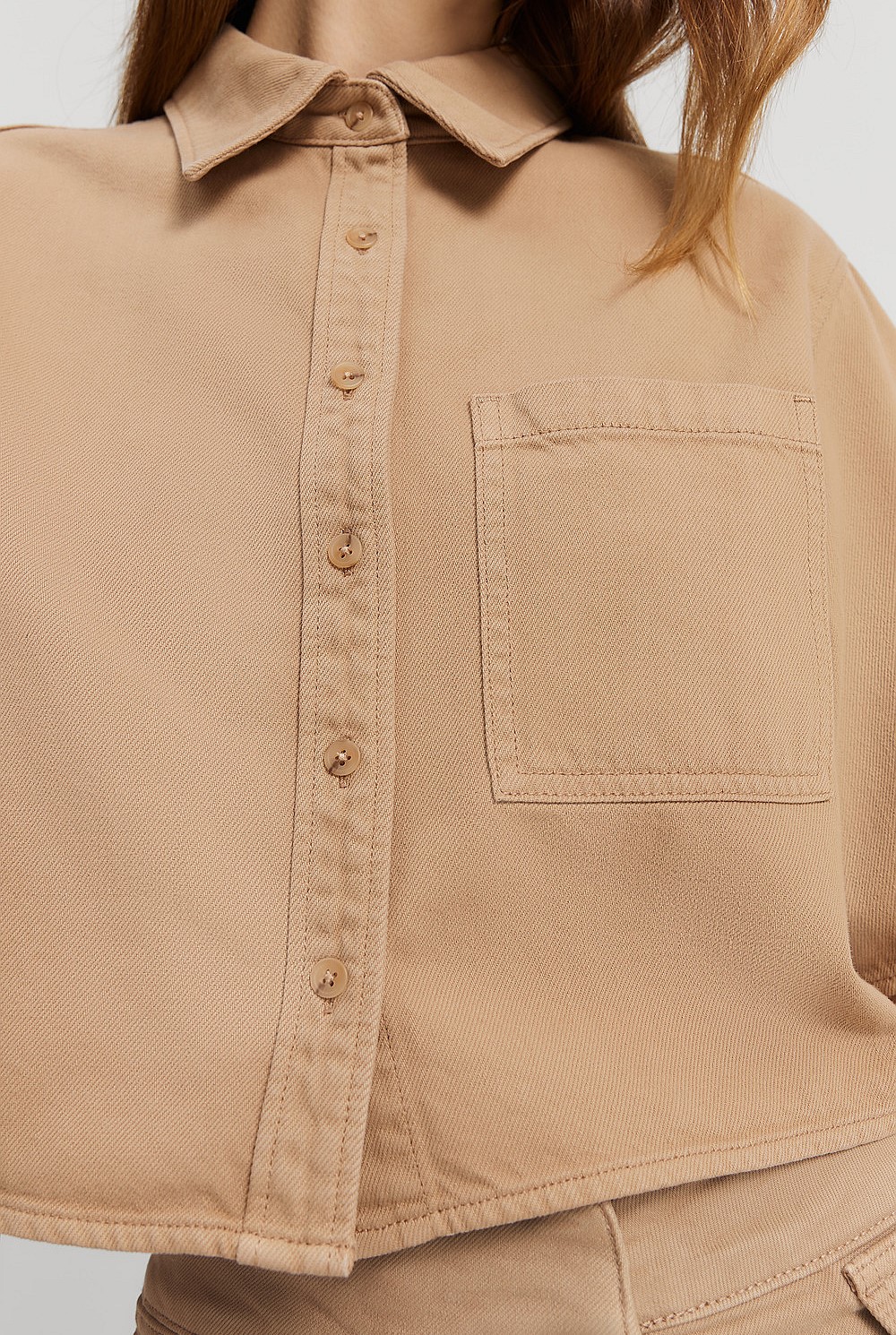 Cotton Blend Crop Denim Short Sleeve Shirt