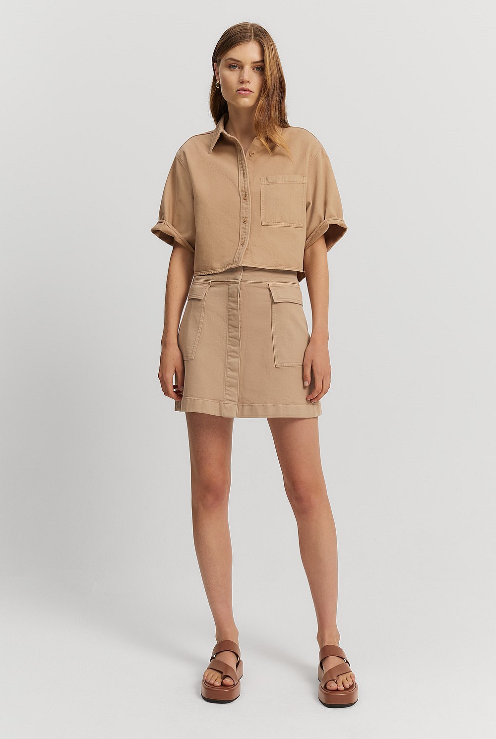 Cotton Blend Crop Denim Short Sleeve Shirt