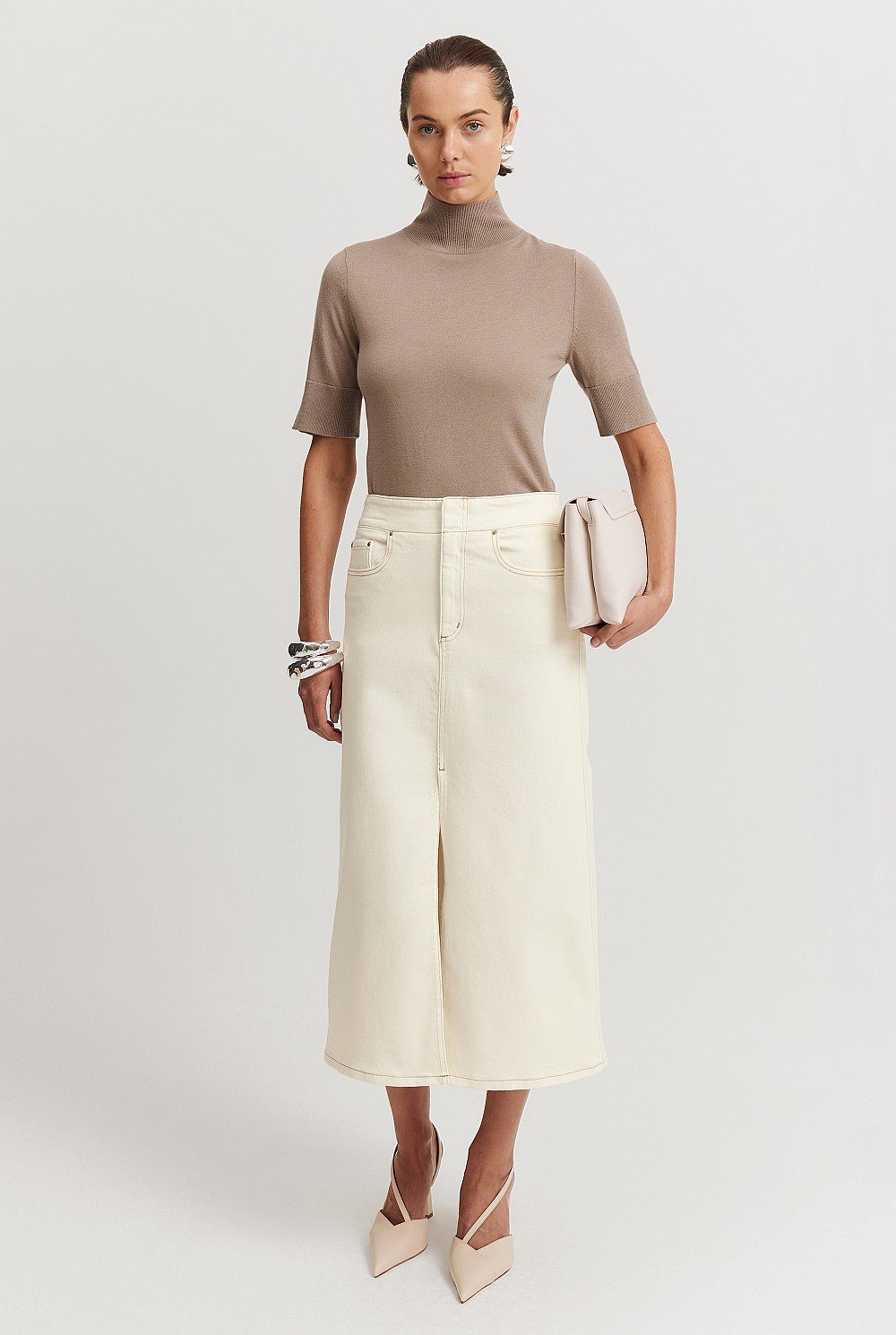 A-Line Denim Midi Skirt