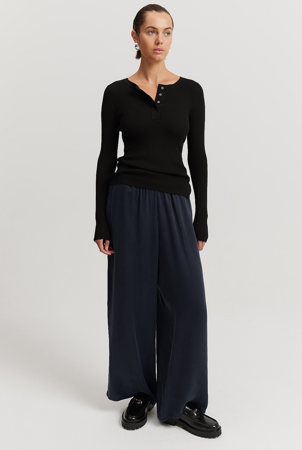 Cotton Cashmere Rib Knit Henley
