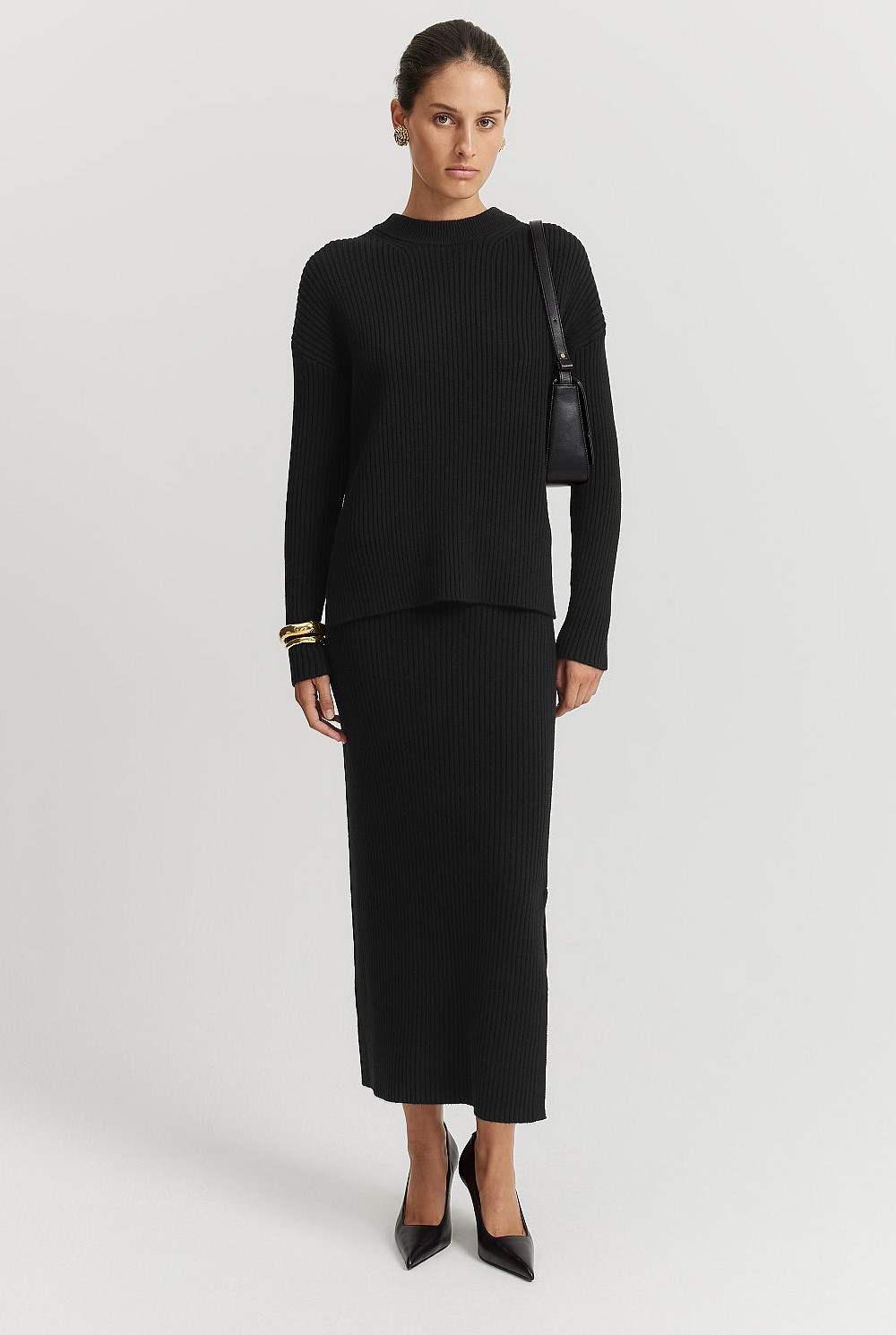 Cotton Cashmere Blend Crew Neck Rib Knit