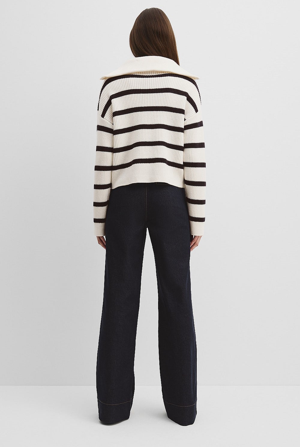 Cotton Blend Stripe Zip Neck Rib Knit