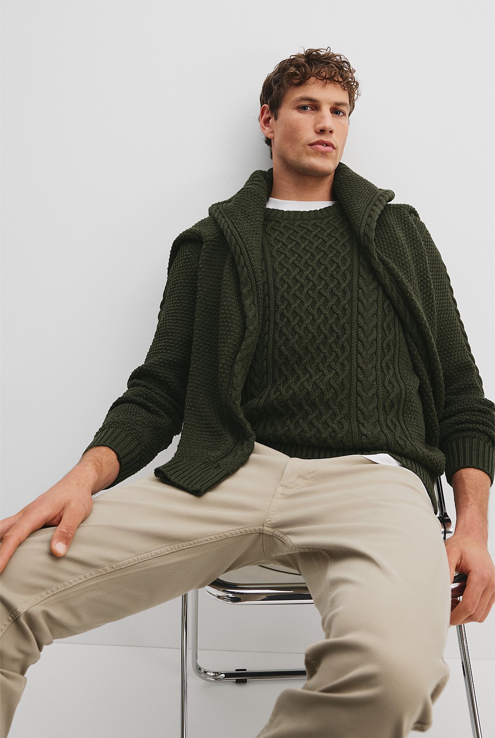 Khaki Green Australian Cotton Cable Crew Knit Natural Fibres