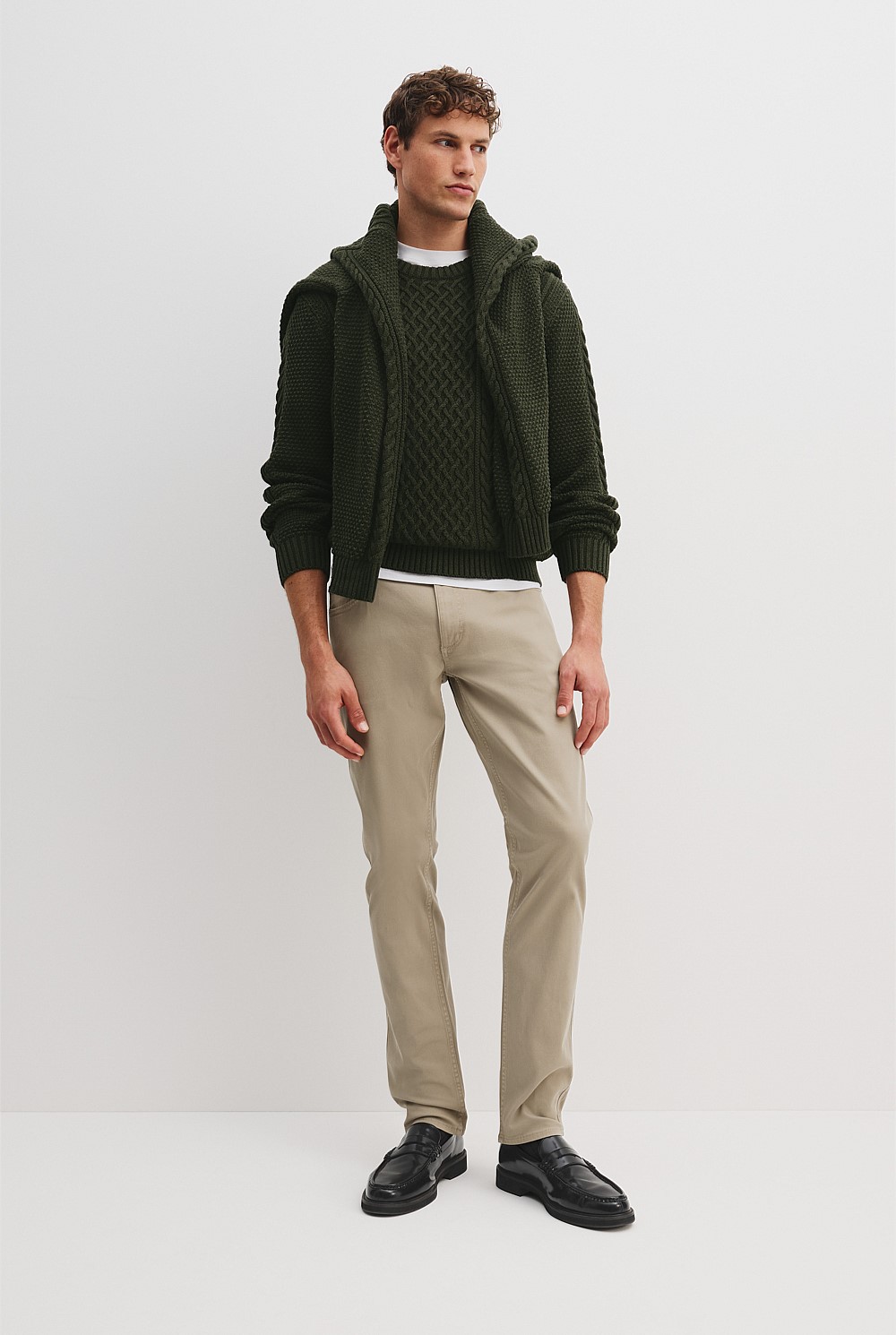 Khaki Green Australian Cotton Cable Crew Knit Natural Fibres