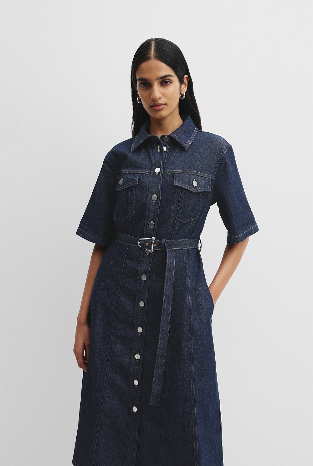 Short Sleeve Denim Midi Dress