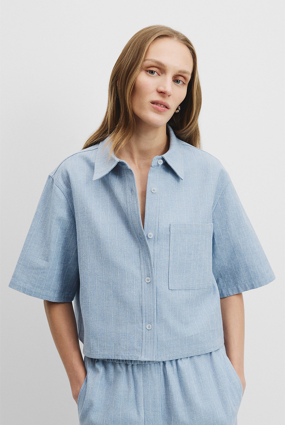 Crop Denim Short Sleeve Shirt