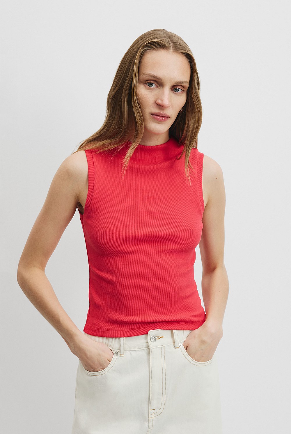 Australian Cotton Blend Mock Neck Rib Tank