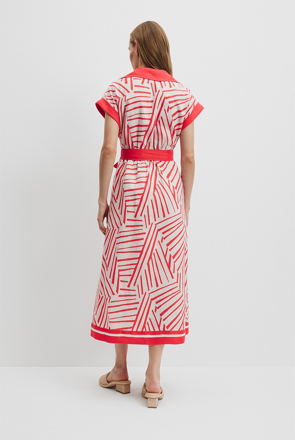 Organically Grown Linen Print Tuck Detail Midi Dress