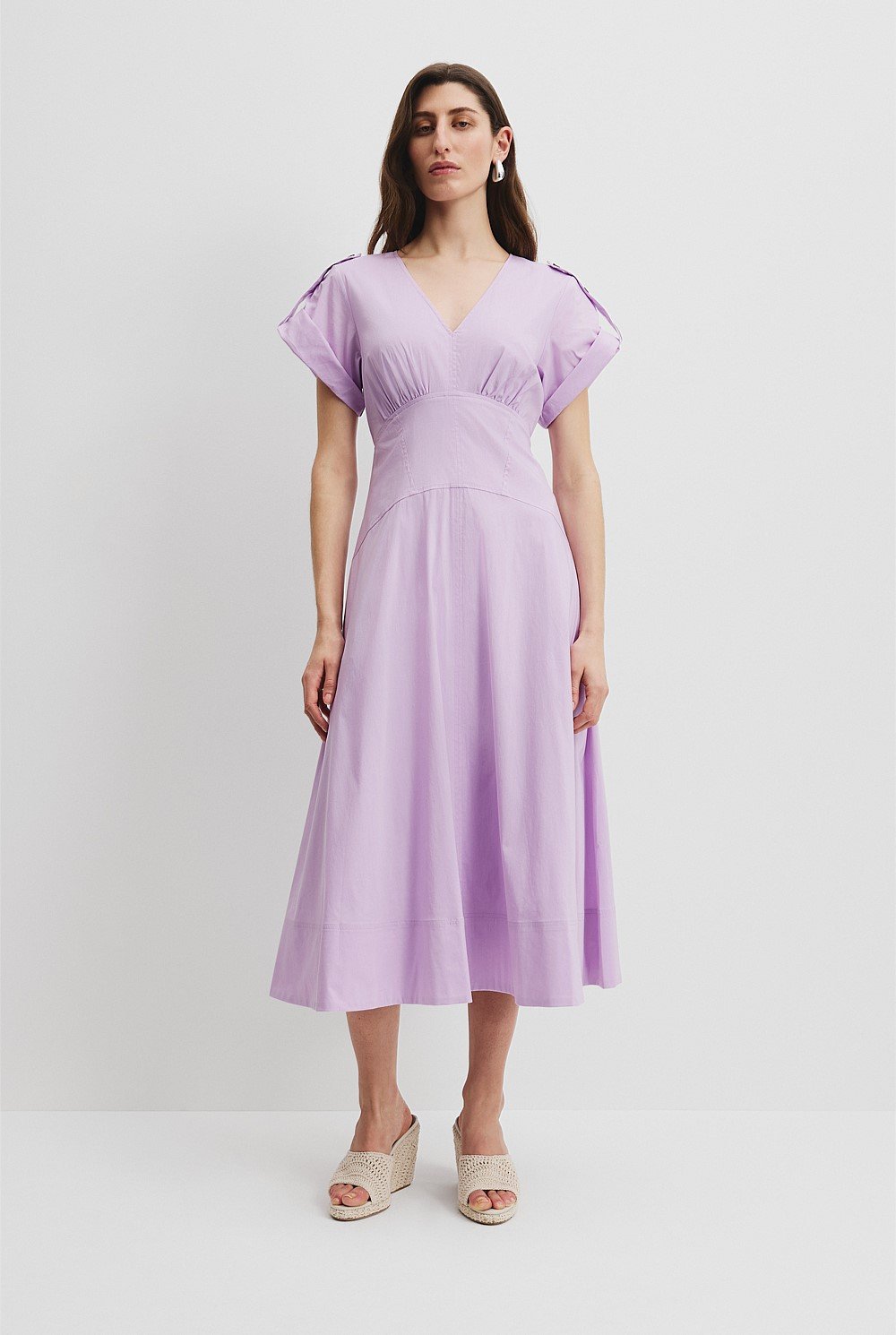 Organically Grown Cotton Blend Poplin Basque Midi Dress