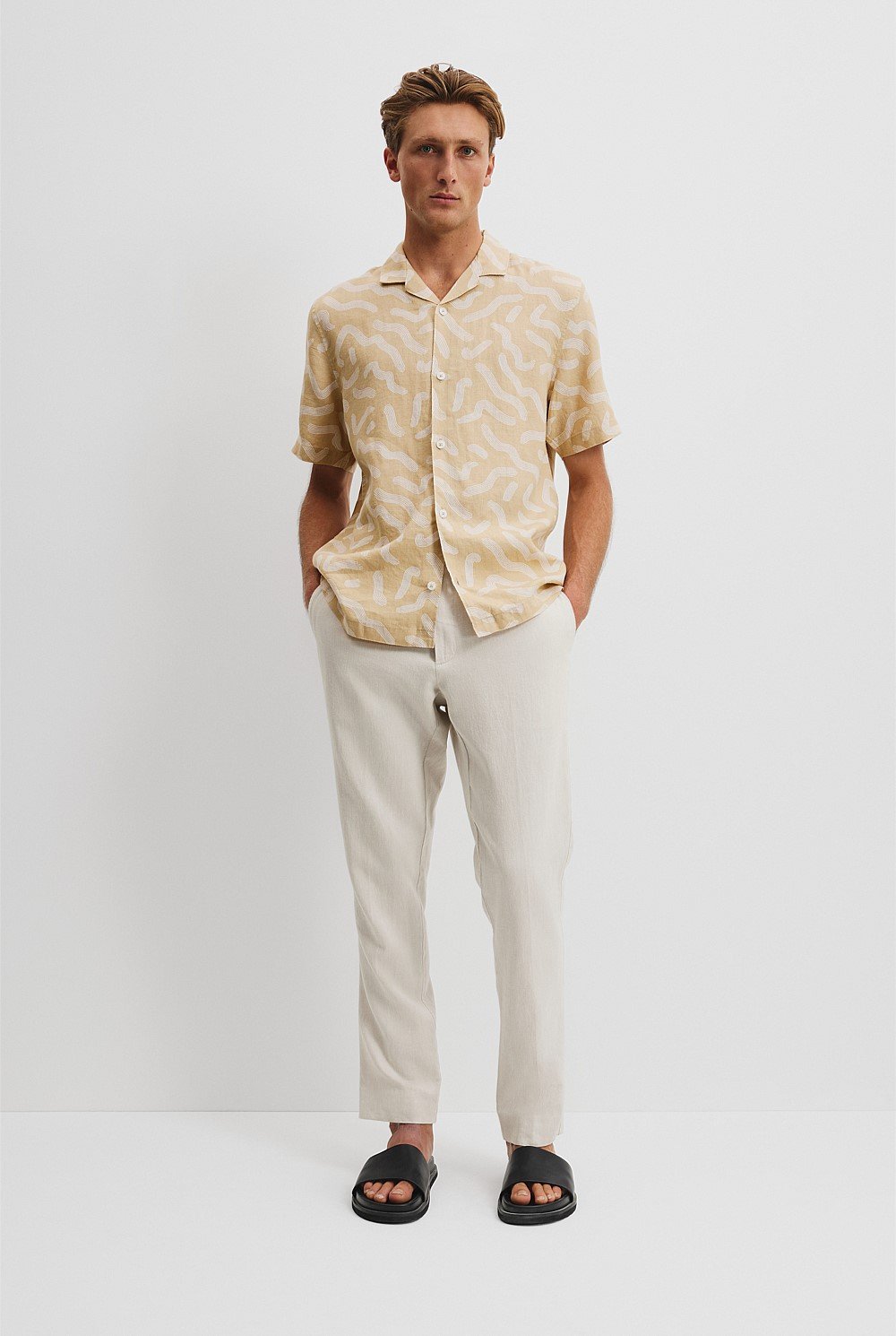 Organically Grown Linen Short Sleeve Linear Print Shirt