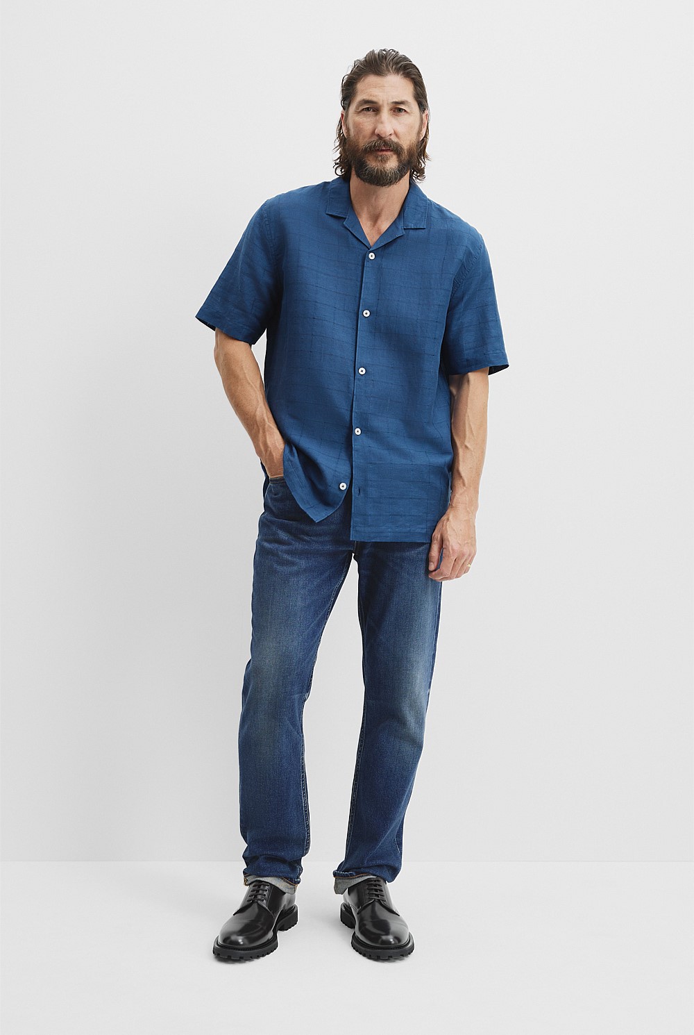 Short Sleeve Cotton Linen Windowpane Shirt