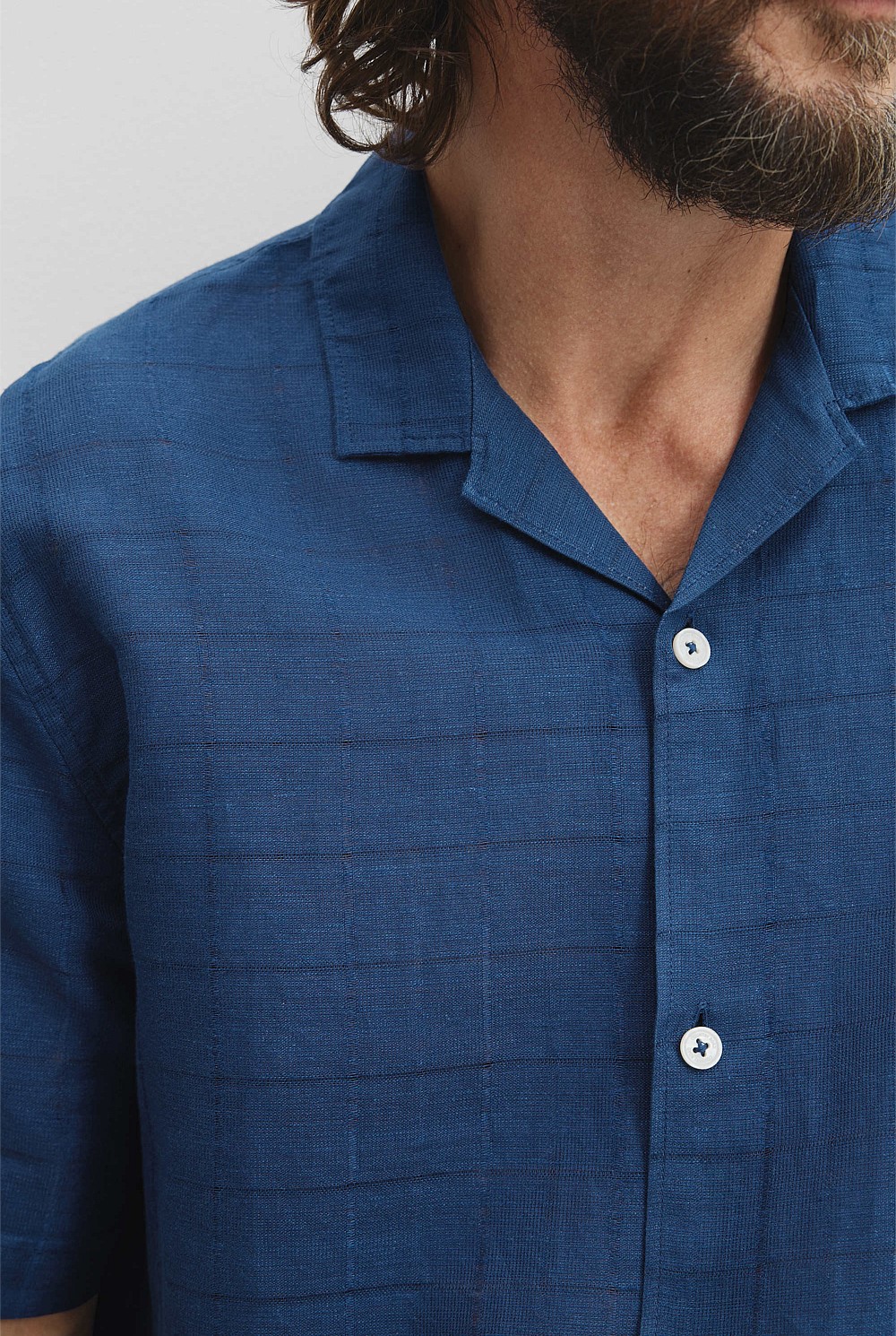 Short Sleeve Cotton Linen Windowpane Shirt