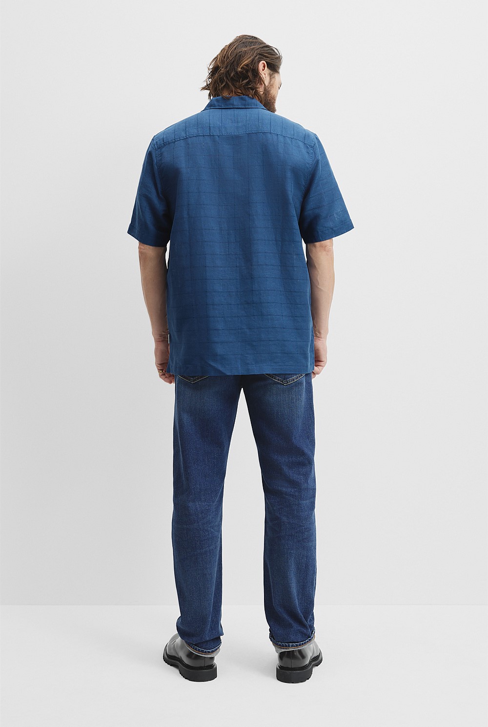 Short Sleeve Cotton Linen Windowpane Shirt