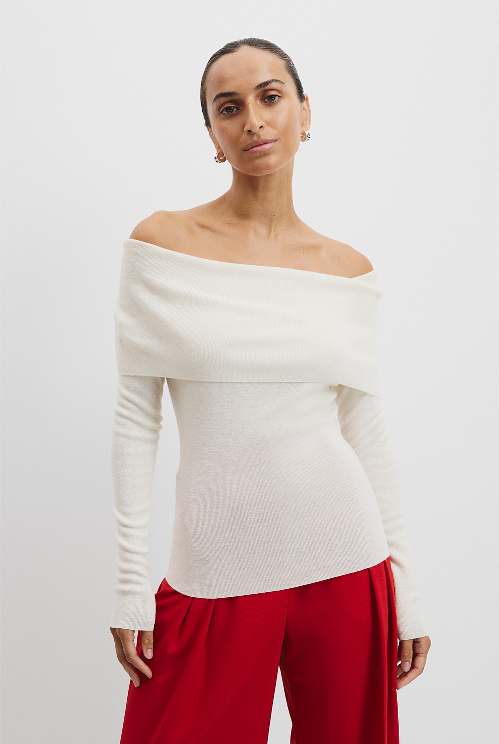 Australian Merino Wool Silk Off-Shoulder Detail Knit