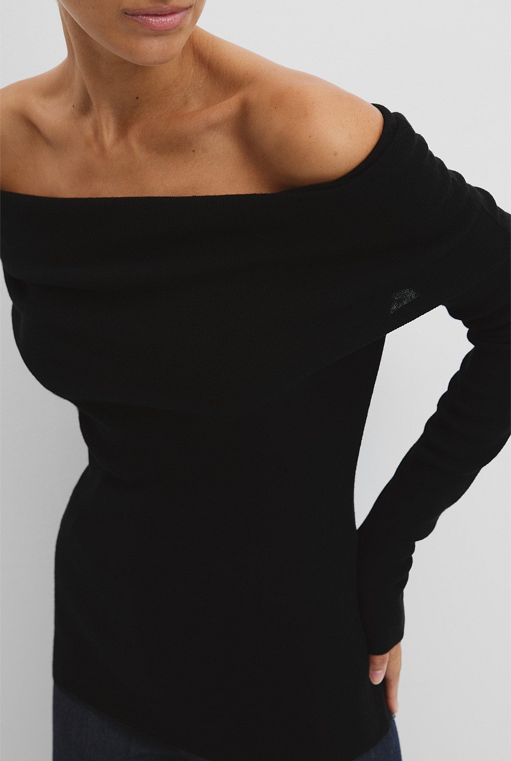 Australian Merino Wool Silk Off-Shoulder Detail Knit