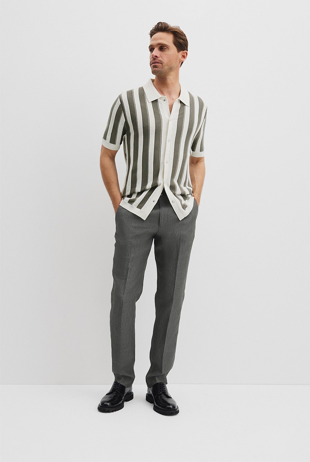 Cotton Silk Textured Stripe Knit Polo Shirt