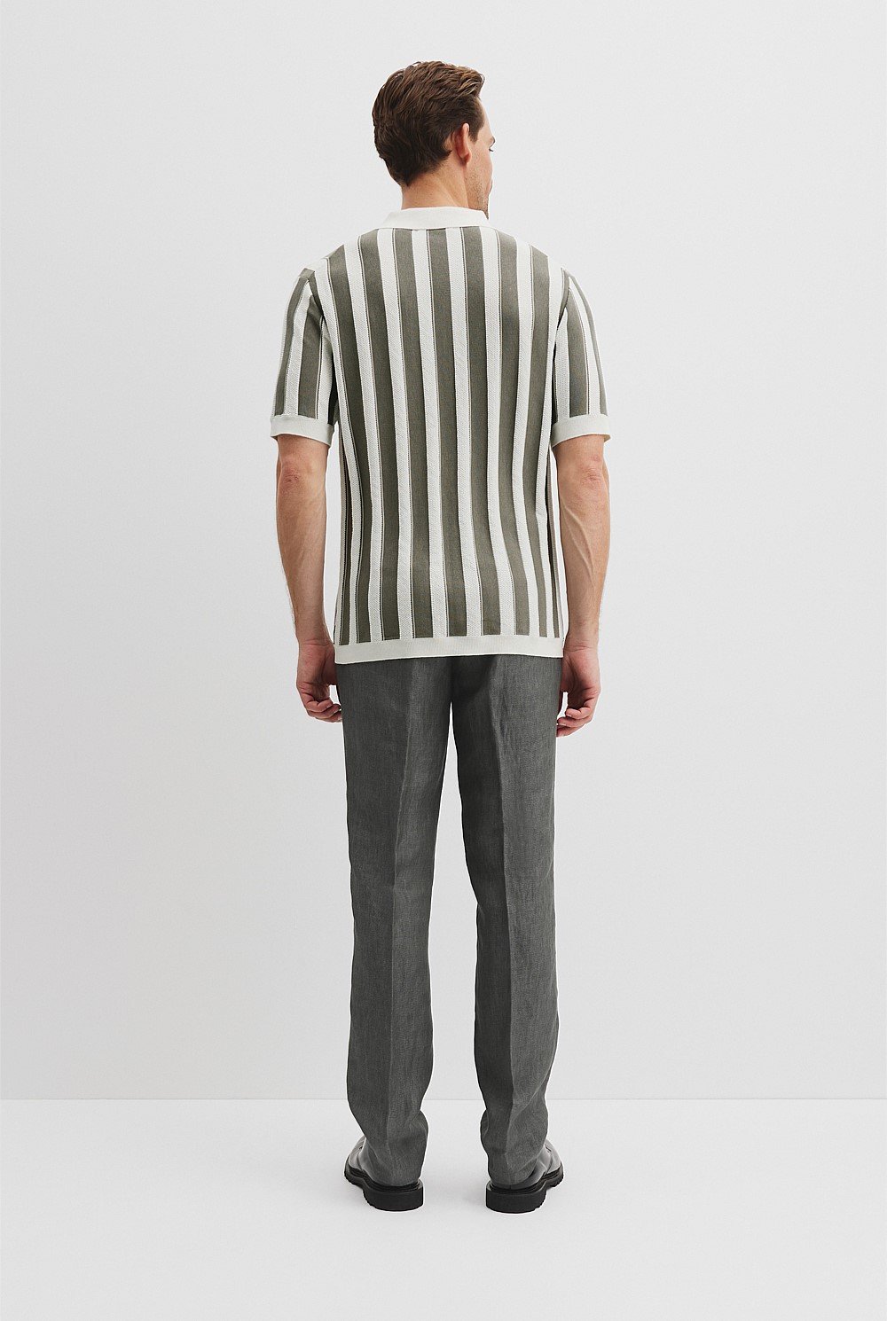 Cotton Silk Textured Stripe Knit Polo Shirt