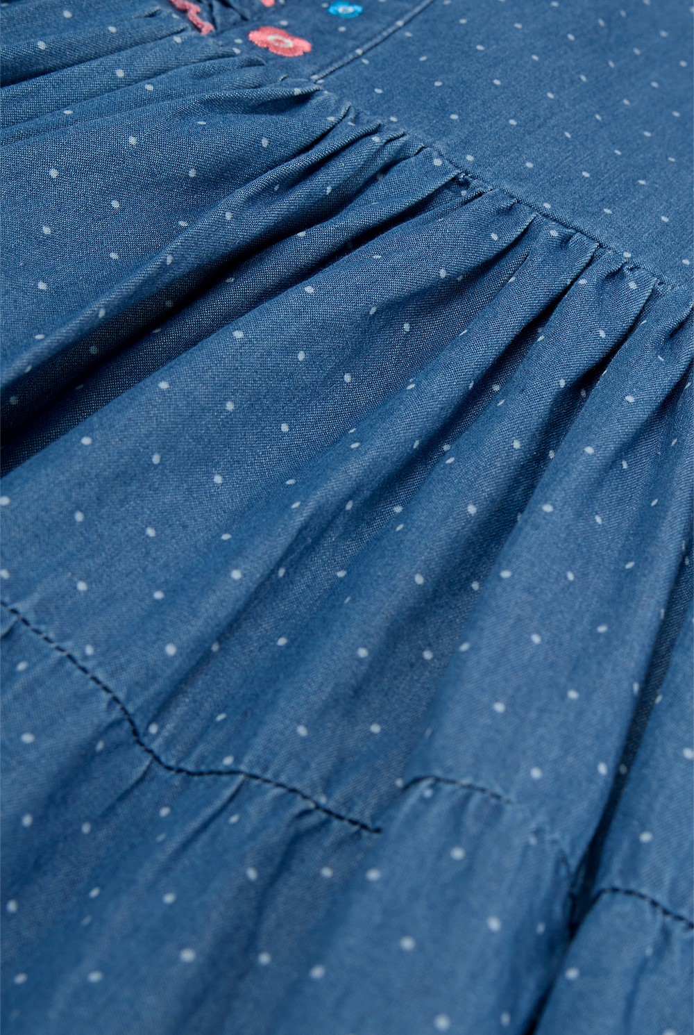 Organically Grown Cotton Chambray Frill Embroidered Dress