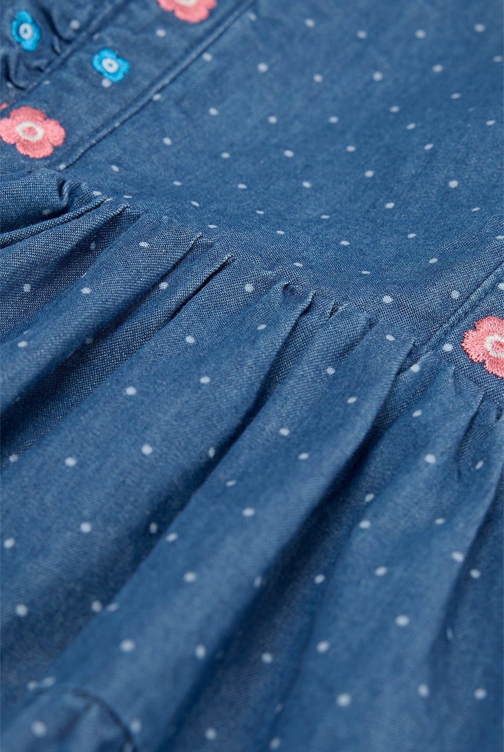 Organically Grown Cotton Chambray Frill Embroidered Dress