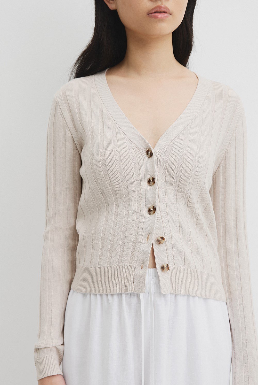 Organically Grown Cotton Blend Fitted Knit Cardigan