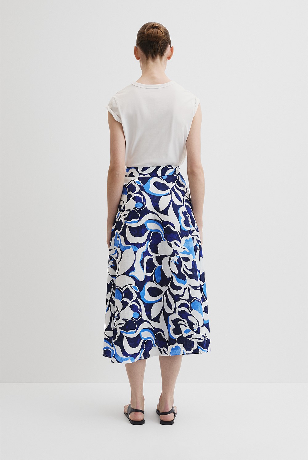 Organically Grown Linen Print Wrap Midi Skirt