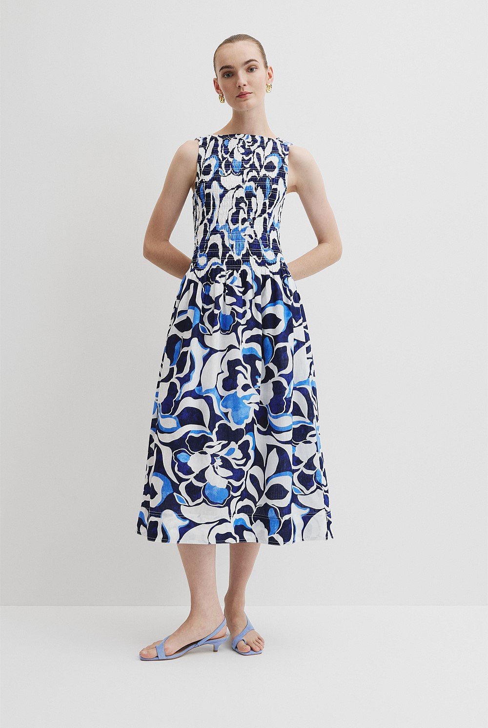 Print Shirred Midi Dress