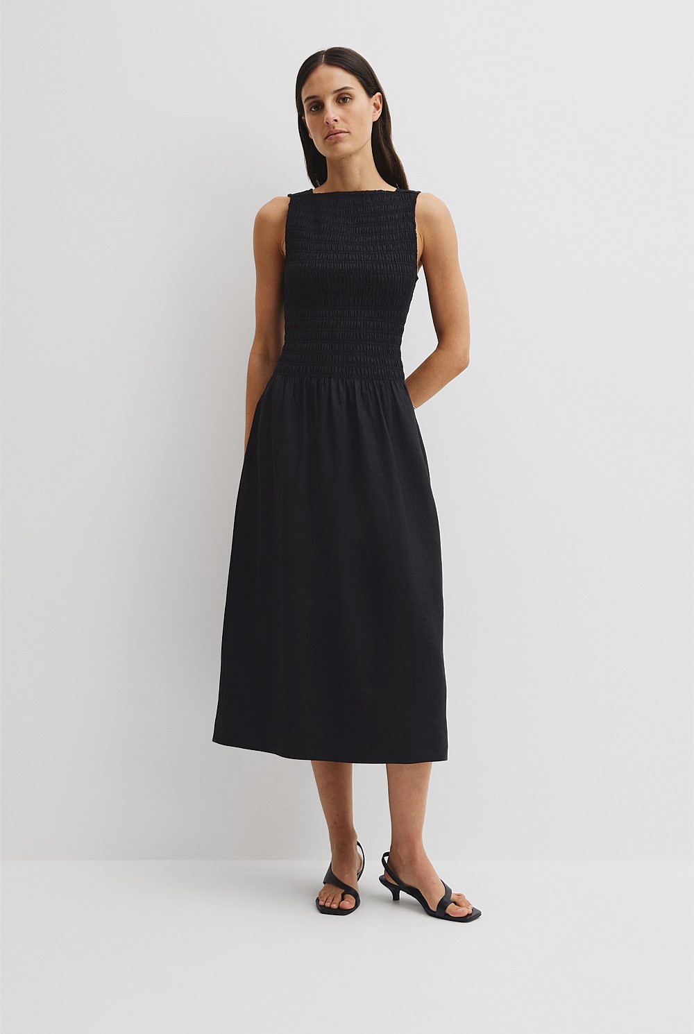 Organically Grown Linen Shirred Midi Dress