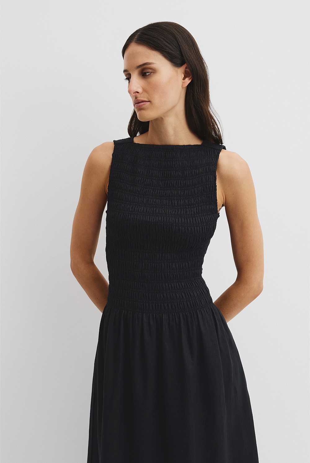 Organically Grown Linen Shirred Midi Dress