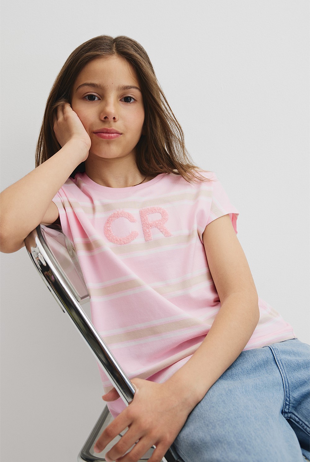 Organically Grown Cotton Stripe CR Sequin T-Shirt