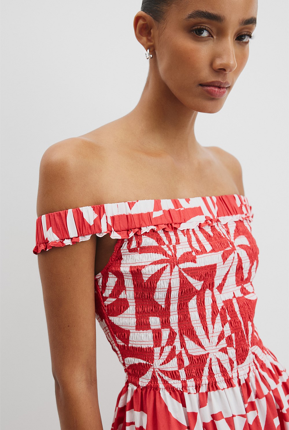 Print Shirred Midi Dress