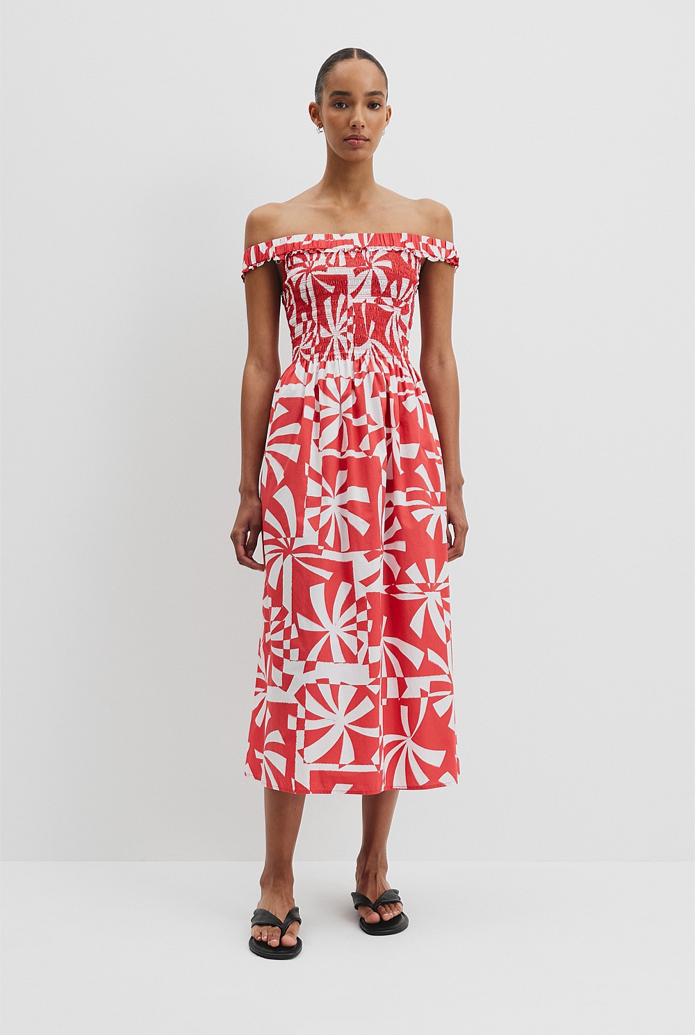 Print Shirred Midi Dress