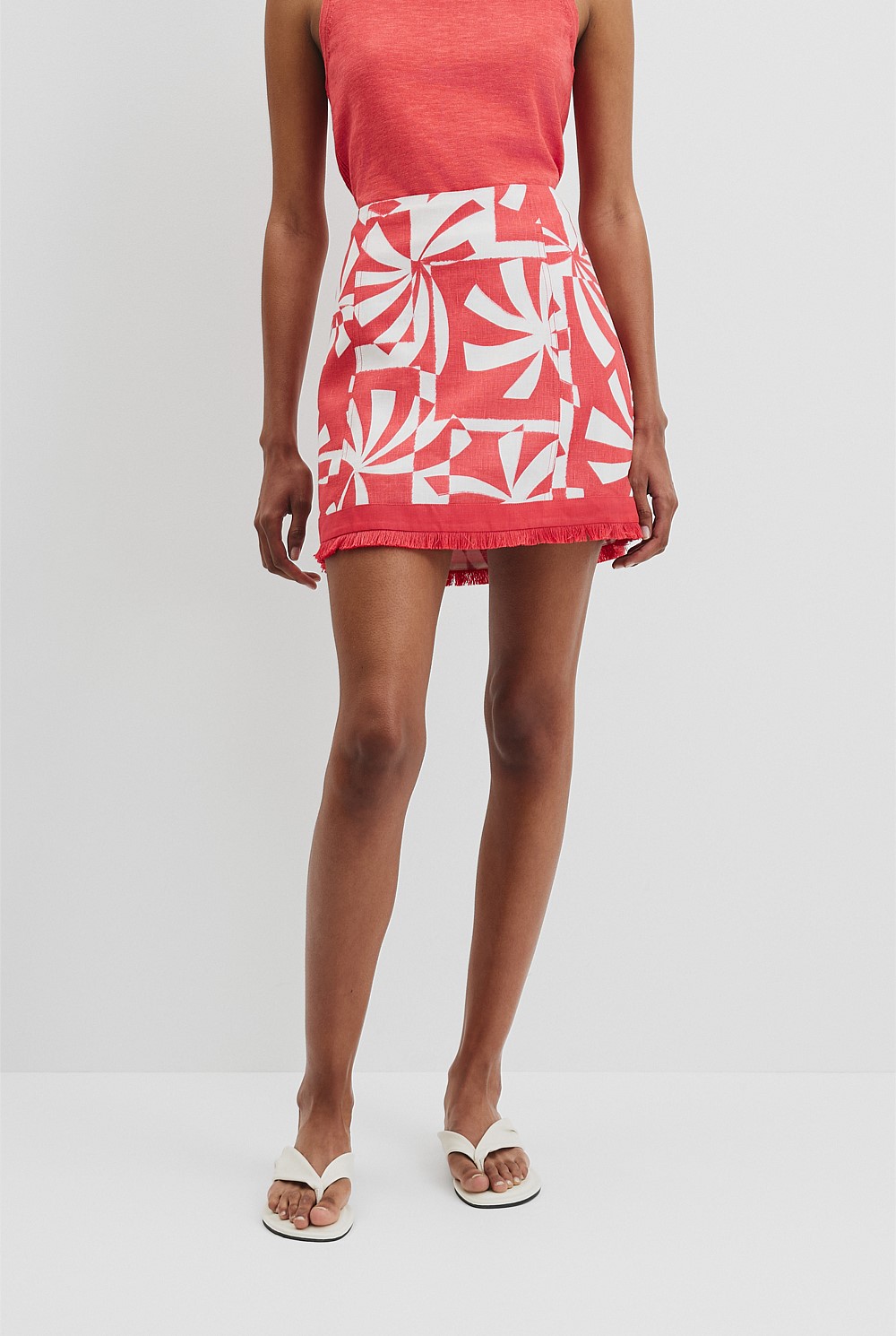 Organically Grown Linen Print Fray Mini Skirt