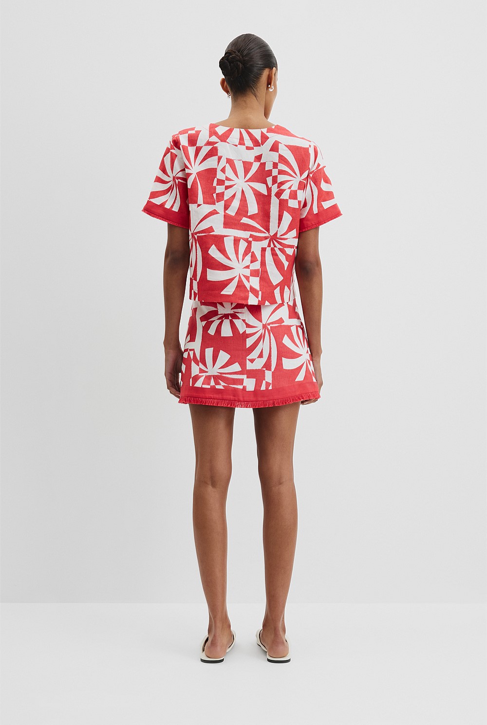 Organically Grown Linen Print Fray Popover Top