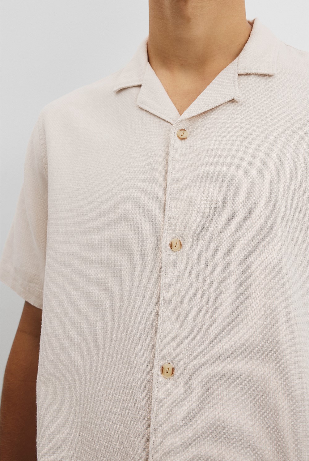 Short Sleeve Cotton Linen Basket Weave Shirt