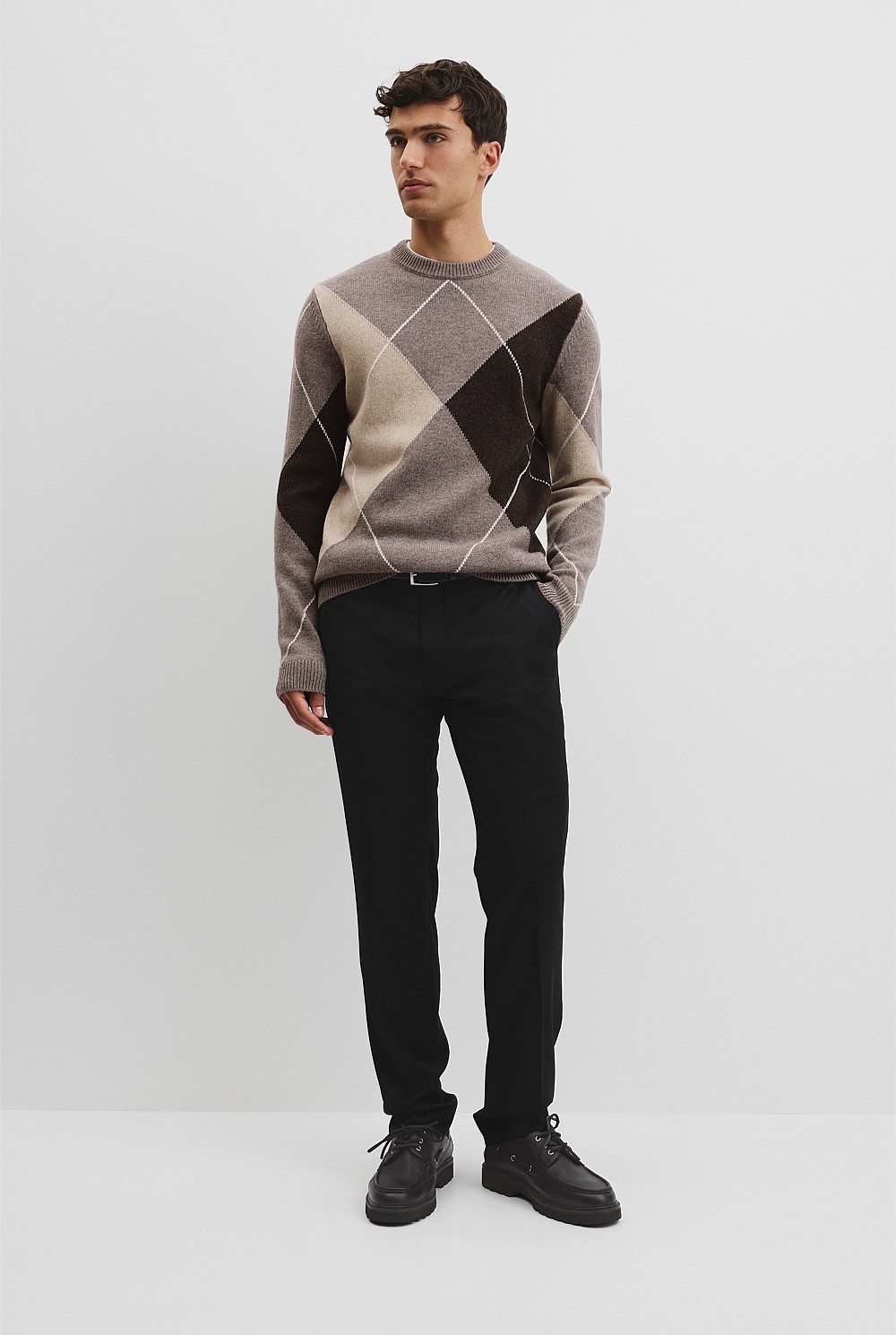 Merino Wool Argyle Crew Neck Knit