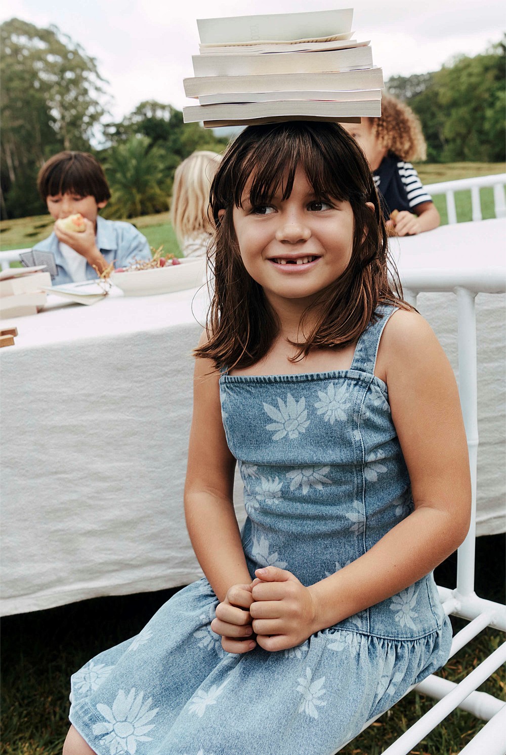 Teen Sleeveless Denim Print Dress