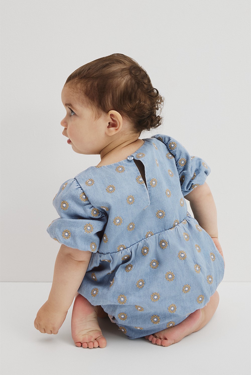 Short Sleeve Chambray Embroidered Romper