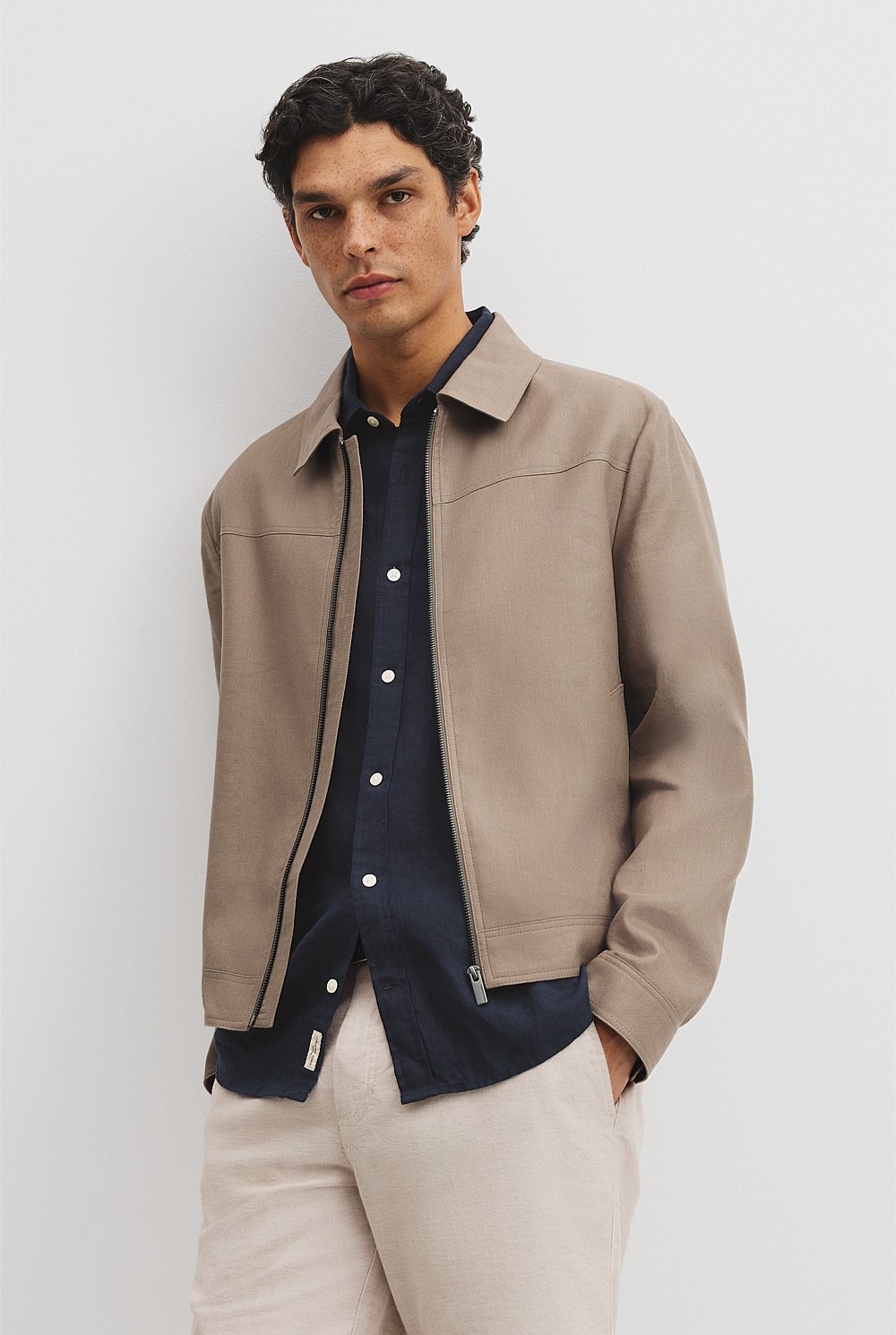 Cotton Linen Blend Zip Through Jacket
