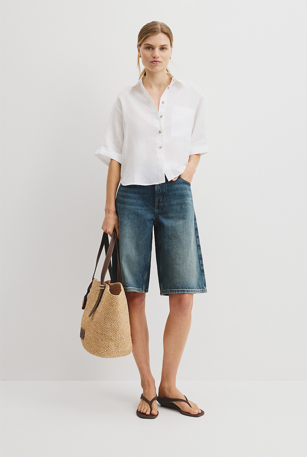 Short Sleeve Crop Linen Shirt