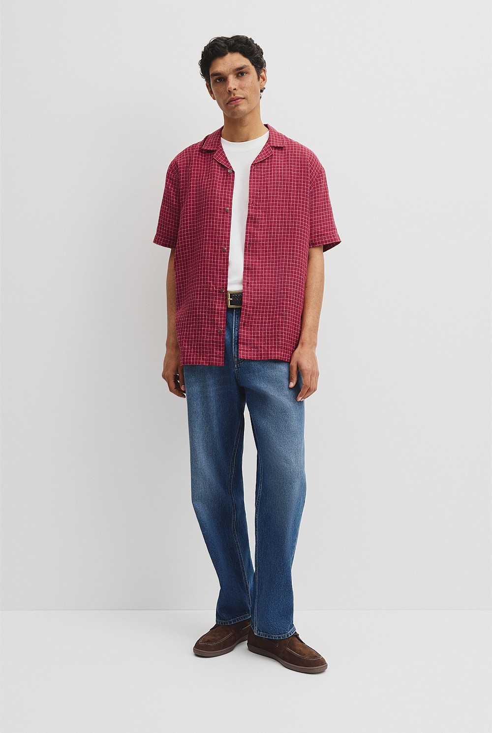 Relaxed Fit Short Sleeve Linen Blend Check Shirt