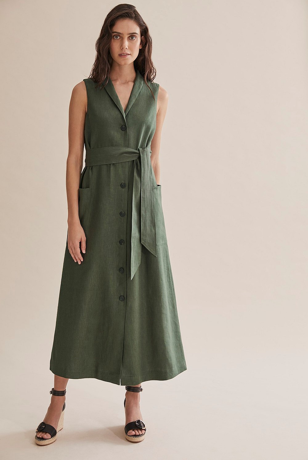Linen Button Front Maxi Dress