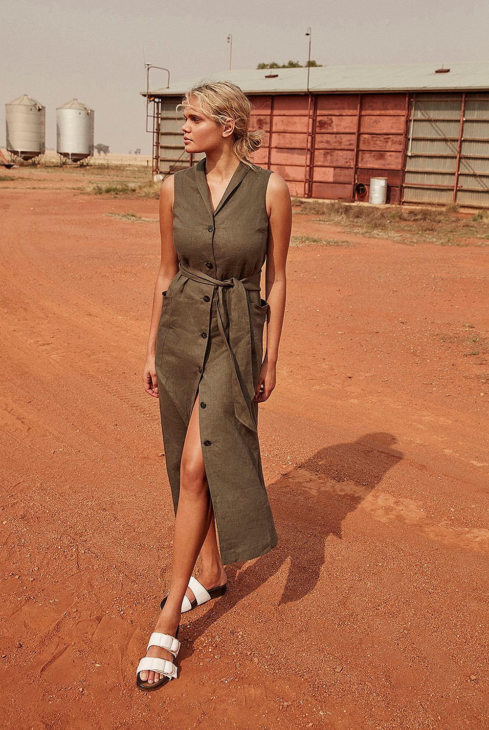Linen Button Front Maxi Dress