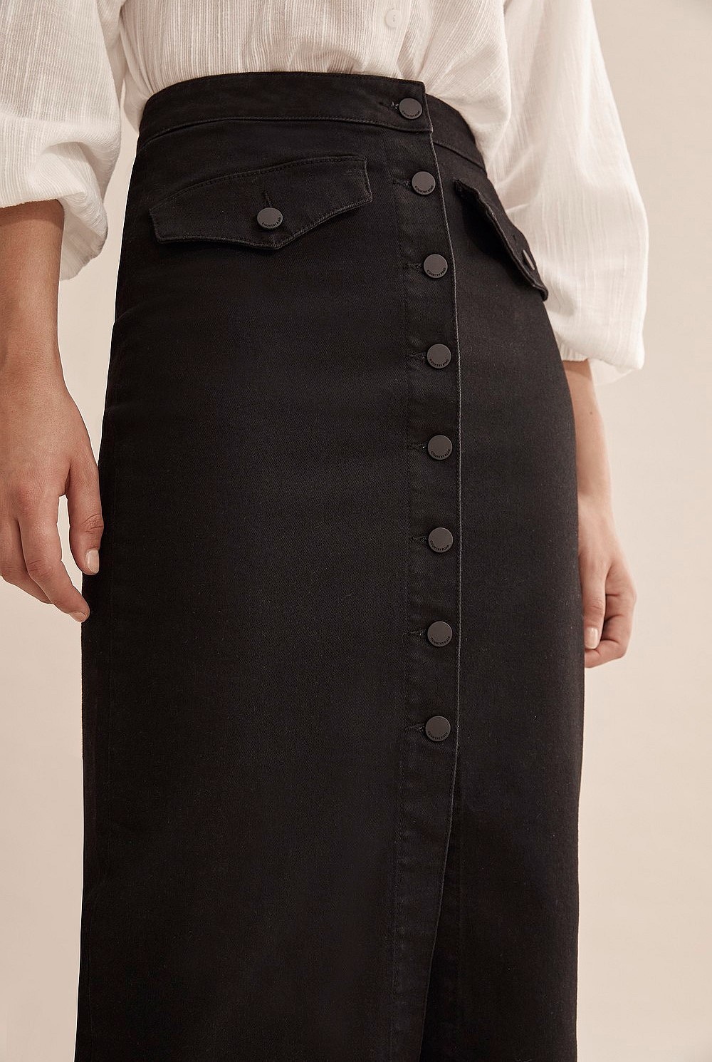 Button Midi Denim Skirt