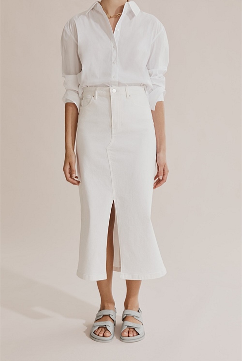 White Australian Cotton Denim Midi Skirt Australian Grown Country Road