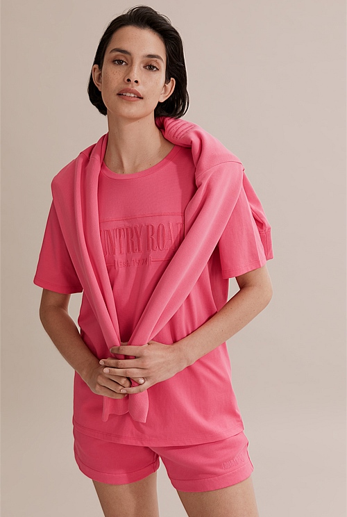Flamingo Pink Verified Australian Cotton Heritage Embroidered TShirt