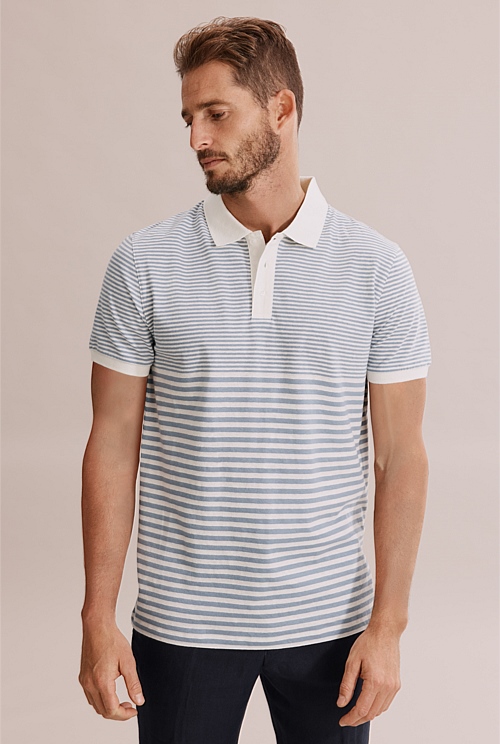 Mist Blue Stripe Cotton Linen Polo - Polos | Country Road