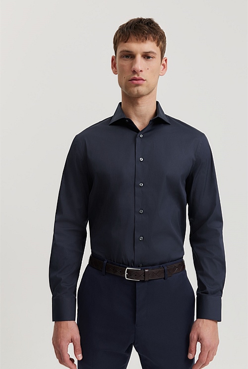 Navy Tailored Fit Super Fine Cotton Stretch Shirt - Business Shirts ...